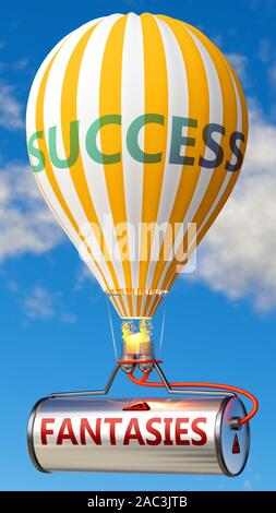 Fantasies and success - shown as word Fantasies on a fuel tank and a balloon, to symbolize that Fantasies contribute to success in business and life, Stock Photo