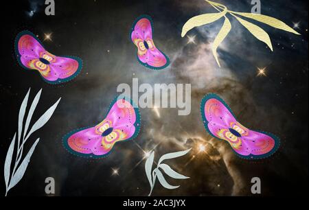 Abstract image of moths on a dark background. Stock Photo