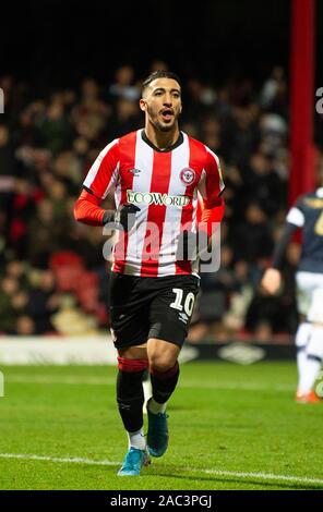 London, UK. 30th Nov, 2019. Brentford's Said Benrahma after scoring 6th goal for Brentford during the Sky Bet Championship match between Brentford and Luton Town at Griffin Park, London, England on 30 November 2019. Photo by Andrew Aleksiejczuk/PRiME Media Images. Credit: PRiME Media Images/Alamy Live News
