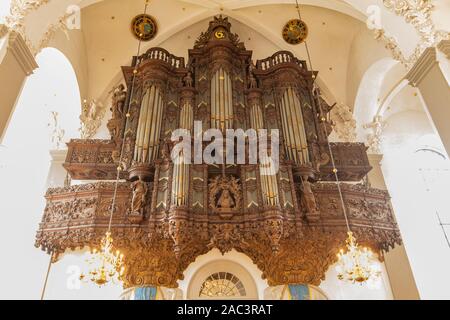 COPENHAGEN, DENMARK - JUNE 14, 2018: View at Organ in the Trinitatis Church in Copenhagen, Denmark. It is an Parish Church built at 1651. Stock Photo