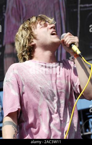 Matt Shultz of Cage The Elephant performs at The 2009 KROQ Weenie Roast Y Fiesta at Verizon Wireless Amphitheater on May 16, 2009 in Irvine. Stock Photo