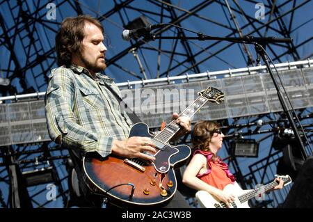 (L-R) Brian Aubert and Nikki Monninger of Silversun Pickups performs at The 2009 KROQ Weenie Roast Y Fiesta at Verizon Wireless Amphitheater on May 16, 2009 in Irvine. Stock Photo