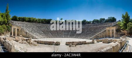 Panorama of The theater of Epidaurus (or Epidavros) in Peloponnese, Greece. Built in the 4th century BC. Stock Photo