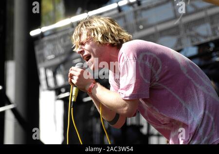 Matt Shultz of Cage The Elephant performs at The 2009 KROQ Weenie Roast Y Fiesta at Verizon Wireless Amphitheater on May 16, 2009 in Irvine. Stock Photo