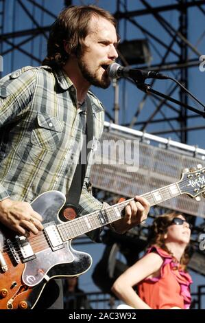 (L-R) Brian Aubert and Nikki Monninger of Silversun Pickups performs at The 2009 KROQ Weenie Roast Y Fiesta at Verizon Wireless Amphitheater on May 16, 2009 in Irvine. Stock Photo