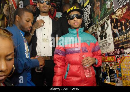 Rapper Tyga (r) backstage at the Roxy on March 25, 2009 in West Hollywood, California. Stock Photo