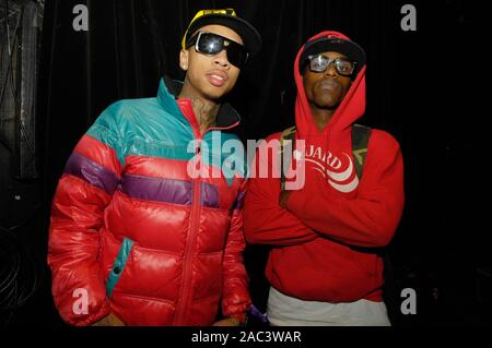 Rapper Tyga (l) backstage at the Roxy on March 25, 2009 in West Hollywood, California. Stock Photo