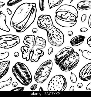 Nuts seamless pattern. Seeds and granule, corn and grain. Hazelnut, Walnut, Almonds. Food concept. Top view background. Vintage poster. Engraved hand Stock Vector