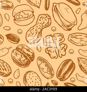 Nuts seamless pattern. Seeds and granule, corn and grain. Hazelnut, Walnut, Almonds. Food concept. Top view background. Vintage poster. Engraved hand Stock Vector
