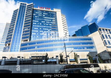 Moscow, Russia - July 9, 2019: Lotte Plaza Hotel building facade in summer sunny day. Modern construction in Moscow Stock Photo
