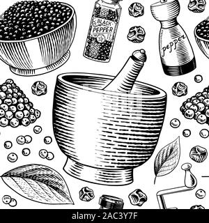 Black pepper seamless pattern in Vintage style. Mortar and pestle, Allspice or peppercorn, Mill and dried seeds. Herbal seasoning background. Engraved Stock Vector