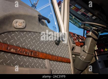 The driver’s side interior door panel of a 2017 Mack Granite is pictured at Shealy's Truck Center, Nov. 16, 2016, in Columbia, South Carolina. Stock Photo