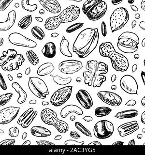 Nuts seamless pattern. Seeds and granule, corn and grain. Hazelnut, Walnut, Almonds. Food concept. Top view background. Vintage poster. Engraved hand Stock Vector