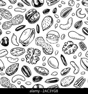 Nuts seamless pattern. Seeds and granule, corn and grain. Hazelnut, Walnut, Almonds. Food concept. Top view background. Vintage poster. Engraved hand Stock Vector