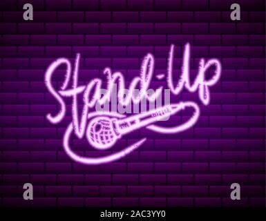 Lettering Stand Up on a brick wall. Calligraphic neon text comedy show. Engraved hand drawn in old vintage sketch for poster, web badge, label Stock Vector