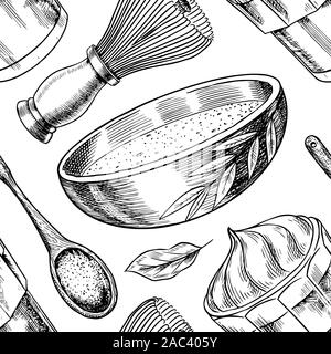 Matcha green tea seamless pattern. Vintage background poster. Organic powder, bamboo whisk, bowl and spoon chashaku for Japanese ceremony. Healthy Stock Vector