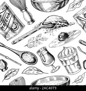 Matcha green tea seamless pattern. Vintage background poster. Organic powder, bamboo whisk, bowl and spoon chashaku for Japanese ceremony. Healthy Stock Vector