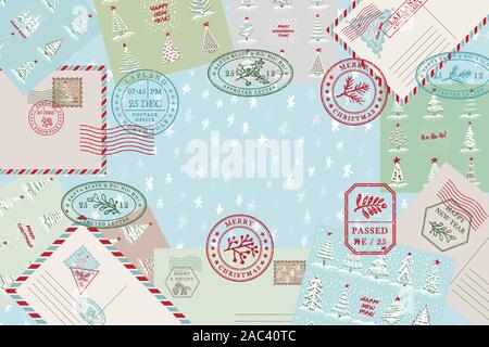Celebration background with vintage air mail postcard and envelope, textured grunge christmas postage rubber stamps Xmas holiday symbols in Stock Vector
