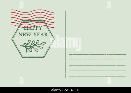 Template of vintage air mail postcard and envelope. Texture grunge christmas stamp rubber with holiday symbols in traditional colors. Place for your Stock Vector