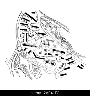 Urban plan of a city, old village. Doodle city map. Vector city drawing. Street map. Futuristic Megalopolis City Basis Plan. Stock Vector