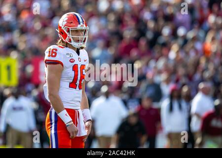 Columbia, SC, USA. 30th Nov, 2019. Clemson Tigers quarterback Trevor Lawrence (16) during the NCAA matchup at Williams-Brice Stadium in Columbia, SC. (Scott Kinser/Cal Sport Media). Credit: csm/Alamy Live News Stock Photo