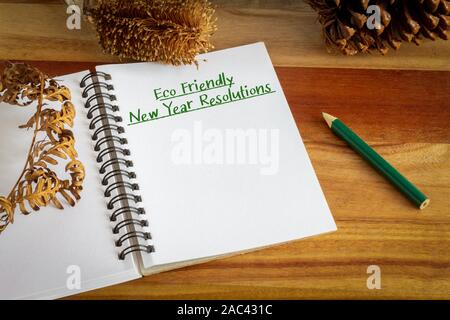 Eco-friendly New Years Resolutions heading with copy space environmentally friendly resolutions written in journal. New year environmental aspirations Stock Photo