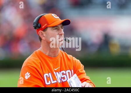 Columbia, SC, USA. 30th Nov, 2019. Clemson Tigers head coach Dabo Swinney during the fourth quarter of the NCAA matchup at Williams-Brice Stadium in Columbia, SC. (Scott Kinser/Cal Sport Media). Credit: csm/Alamy Live News Stock Photo