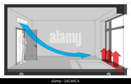 3d illustration of  empty room with door and tall french window and standing man in the opened door and wall mounted air conditioning and  convector Stock Vector