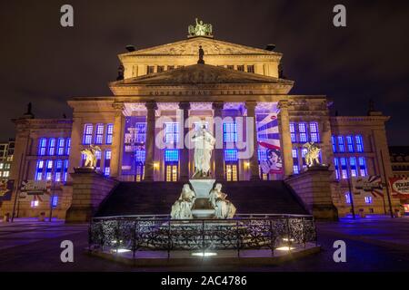 BERLIN, GERMANY, FEBRUARY - 16, 2017: The Konzerthaus building and the memorial of Friedrich Schiller Gendarmenmarkt square at dusk. Stock Photo