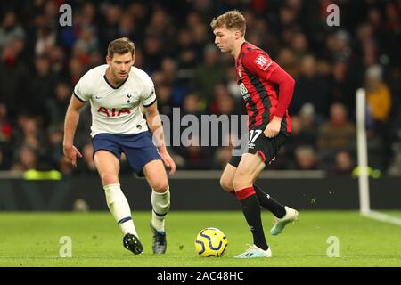 Tottenham's defender Jan Vertonghen and Bournemouth's defender Jack Stacey during the Barclays Premier League match between Tottenham Hotspur and Bournemouth at the Tottenham Hotspur Stadium, London, England. On the 30th November 2019. (Photo by AFS/Espa-Images) Stock Photo