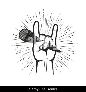 Music symbol or emblem. Microphone in hand vector illustration Stock Vector