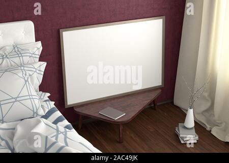 Horizontal poster mock up on the night table in bedroom with purple wall. Clipping path around poster Stock Photo