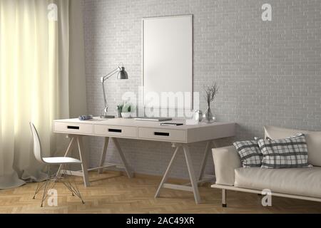 Workspace with vertical poster mock up on white brick wall. Desk with drawers in interior of the studio or at home. Clipping path around poster. 3d il Stock Photo