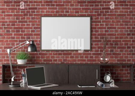 Workspace with horizontal poster mock up on the red brick wall. Desk with drawers in interior of the studio or at home. Clipping path around poster. 3 Stock Photo