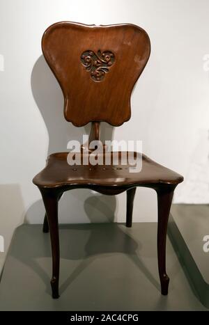 Meeting room chair of Casa Calvet. Varnished Solid oak, 1899. Design by Antoni Gaudí (1852-1926).  Barcelona. Stock Photo