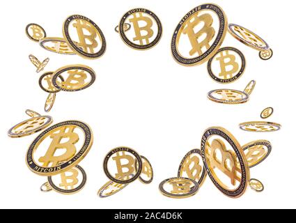 Gold cryptocoin Bitcoin explosion. Isolated on white Stock Photo