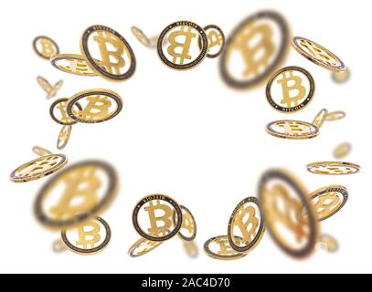 Gold cryptocoin Bitcoin explosion. Isolated on white Stock Photo