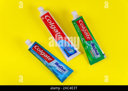 New York NY NOV 29 2019: Colgate toothpaste manufactured by the American oral hygiene products a brand of toothpaste produced by Colgate-Palmolive Stock Photo