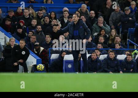 LONDON, ENGLAND - NOVEMBER 30: Chelsea head coach Frank Lampard looks on during the Premier League match between Chelsea FC and West Ham United at Stamford Bridge on November 30, 2019 in London, United Kingdom. (Photo by MB Media/MB Media) Stock Photo