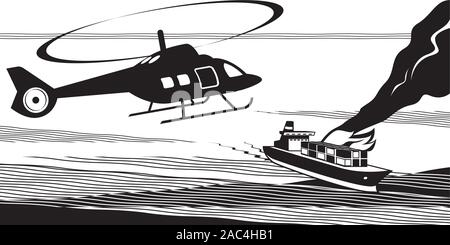 Rescue helicopter approach maritime accident - vector illustration Stock Vector