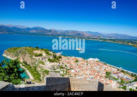 Beautiful cityscape view of Nafplio city center from the old historical Palamidi fortress. Nauplio, Argolis, Peloponnese, Greece Stock Photo