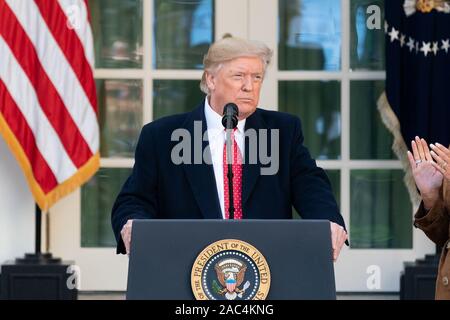 President Donald J. Trump addresses his remarks prior to pardoning “Butter” the turkey Tuesday, Nov. 26, 2019, in the Rose Garden of the White House Stock Photo