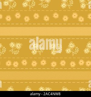 seamless vector pattern with stripes and flowers in mustard yellow Stock Vector