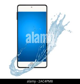 A cellular phone is seen with a splash of water to illustrate waterproof properties of phones. Isolated on a white background. Stock Photo