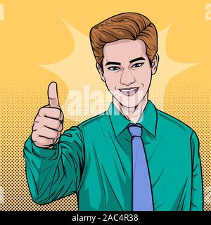 People be exultant Business people raise hands and rejoice Illustration vector On pop art comics style Abstract dots background Stock Vector