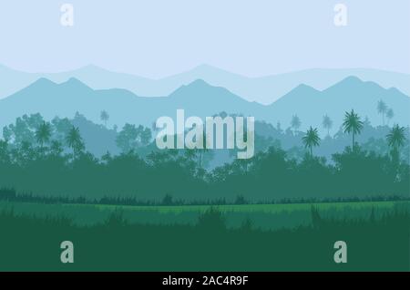 Natural jungle green forest mountains horizon trees Landscape wallpaper Illustration vector On comics style Colorful view background Stock Vector