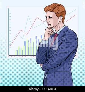 Man in suit Business people think about stock market and investment Illustration vector On pop art comics style Graph Board background Stock Vector
