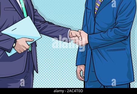 Businessmen 2 Business people shake hands Illustration vector On pop art comics style Abstract dots background Stock Vector