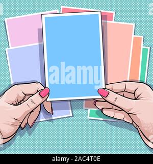 Poster card Some hands hold photo albums Illustration vector On pop art comic style Abstract dots background Stock Vector