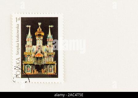 SEATTLE WASHINGTON - October 9, 2019: Polish postage stamp of 1974 with Krakow nativity scene, Scott # 2066. Stock Photo